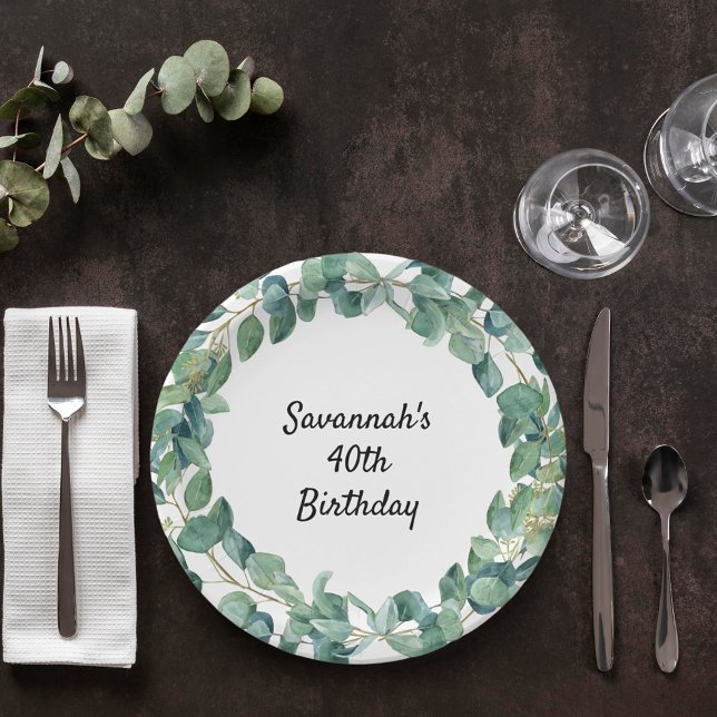 Birthday eucalyptus greenery wreath name paper plate (Creator Uploaded)