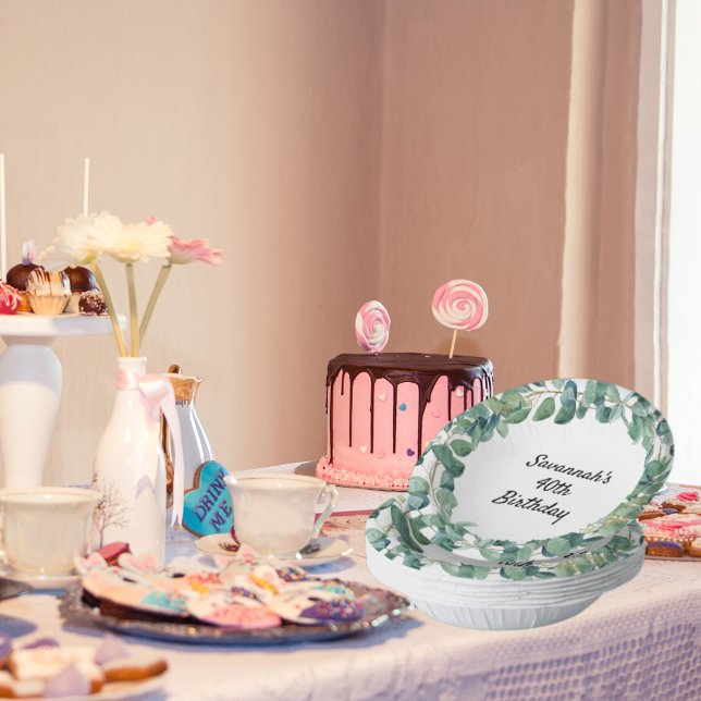 Birthday eucalyptus greenery wreath name paper plate (Creator Uploaded)
