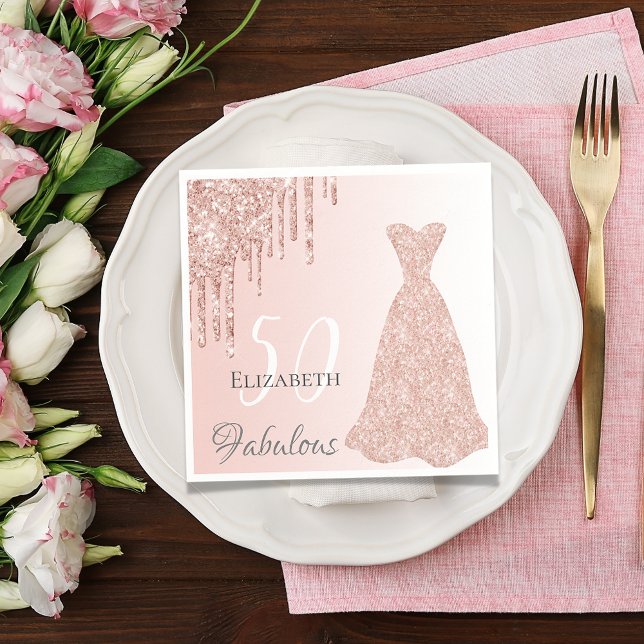 Birthday fabulous any age rose gold glitter drip napkin (Creator Uploaded)