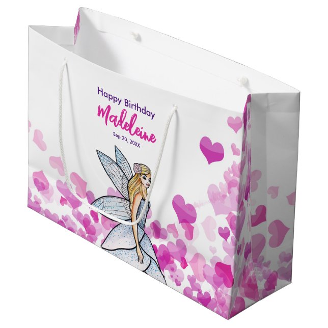 Birthday Fairy Princess Pink Hearts Fashion Sketch Large Gift Bag (Front Angled)