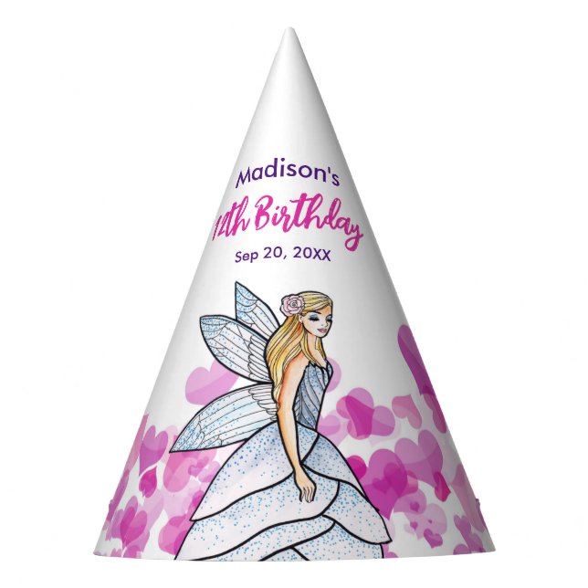 Birthday Fairy Princess Pink Hearts Fashion Sketch Party Hat (Front)
