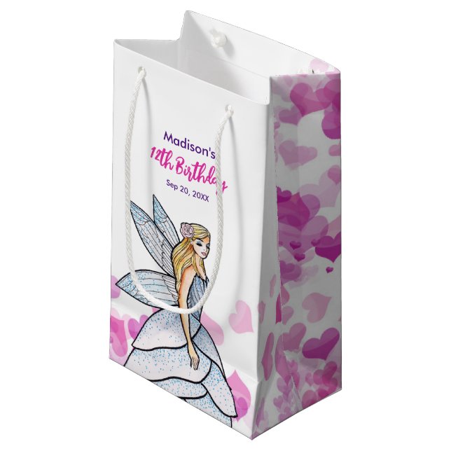 Birthday Fairy Princess Pink Hearts Fashion Sketch Small Gift Bag (Front Angled)