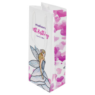 Birthday Fairy Princess Pink Hearts Fashion Sketch Wine Gift Bag