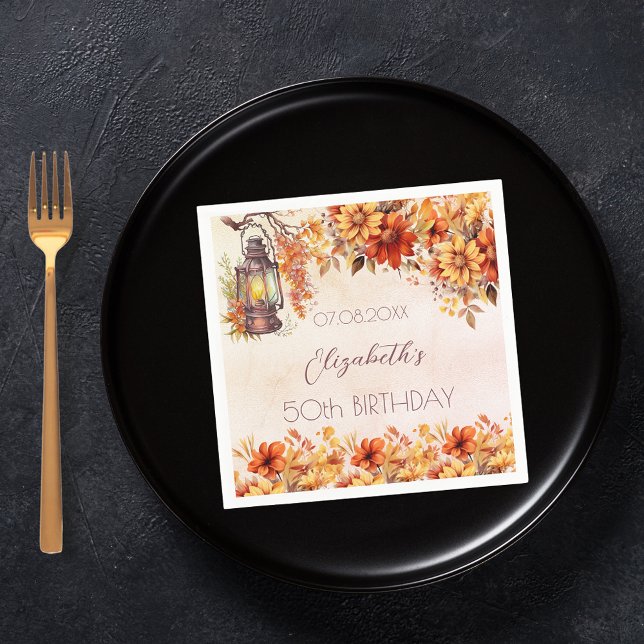 Birthday fall orange florals rustic lamp napkin (Creator Uploaded)