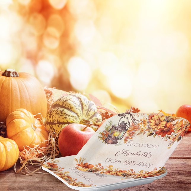 Birthday fall orange florals rustic lamp paper plate (Creator Uploaded)