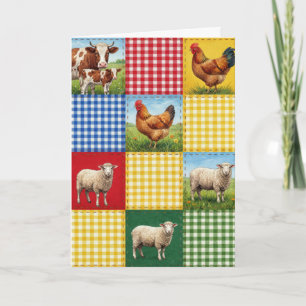 Birthday Farm Animals and Gingham Patchwork Quilt Card