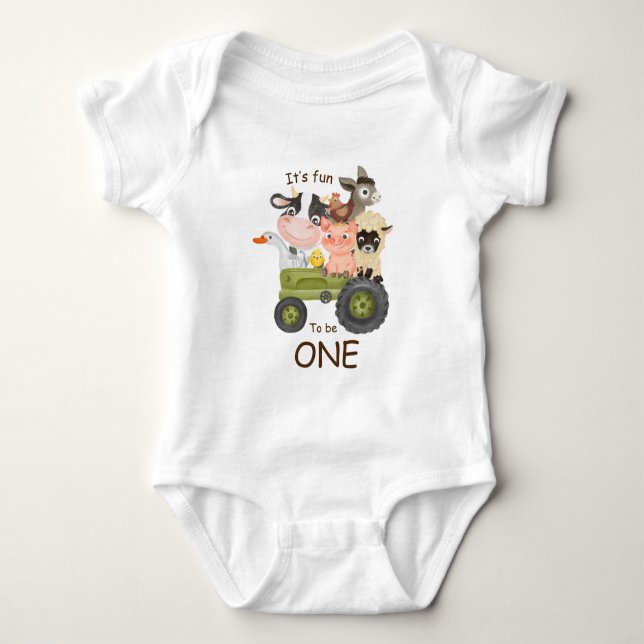 Birthday Farm animals on tractor, Fun to be ONE Baby Bodysuit (Front)
