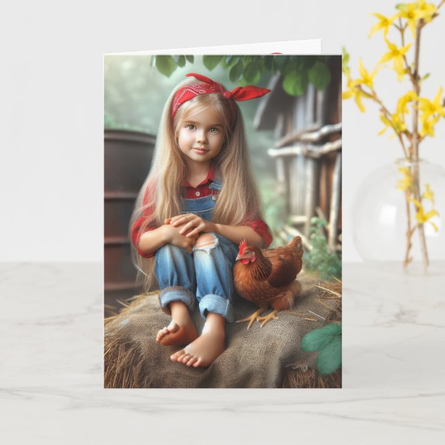 Birthday Farm Girl With Chicken Card (Yellow Flower)