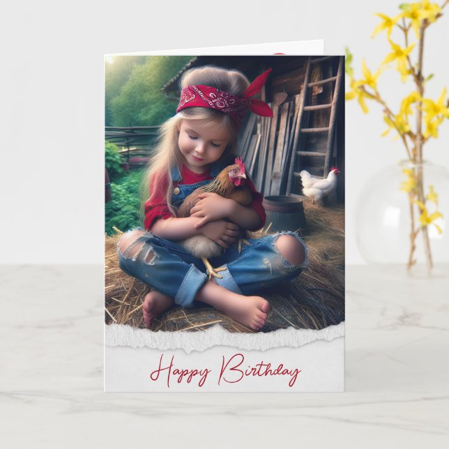 Birthday Farm Girl With Chicken Card (Yellow Flower)
