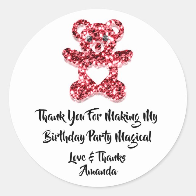  Birthday FavorRed Glitter Heart Baby Sweet Bear   Classic Round Sticker (Front)