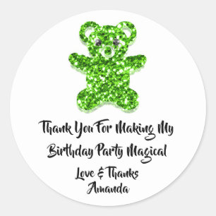 Birthday Favour Glitter Green Sweet Bear White Classic Round Sticker