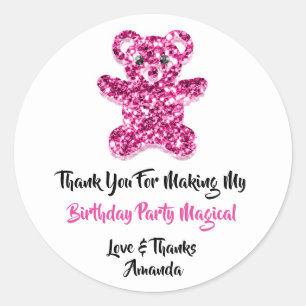 Birthday Favour Glitter Pink Sweet Bear White Classic Round Sticker