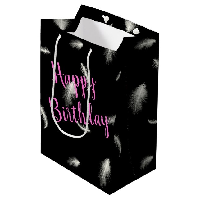 Birthday Feathers On Black Medium Gift Bag (Front Angled)