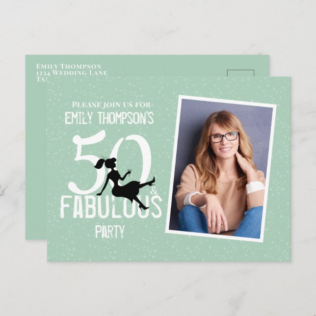 Birthday Fifty and Fabulous Photo Modern Cocktails Postcard (Front/Back)