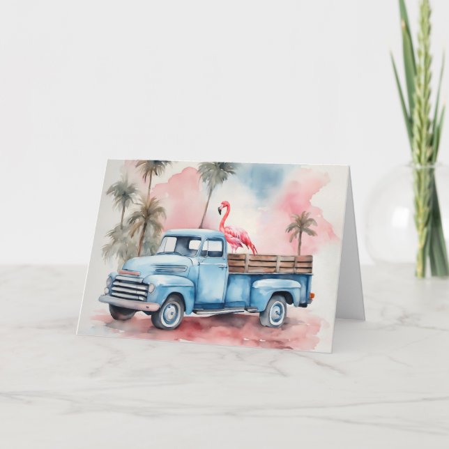 Birthday Flamingo In Retro Truck Card (Front)