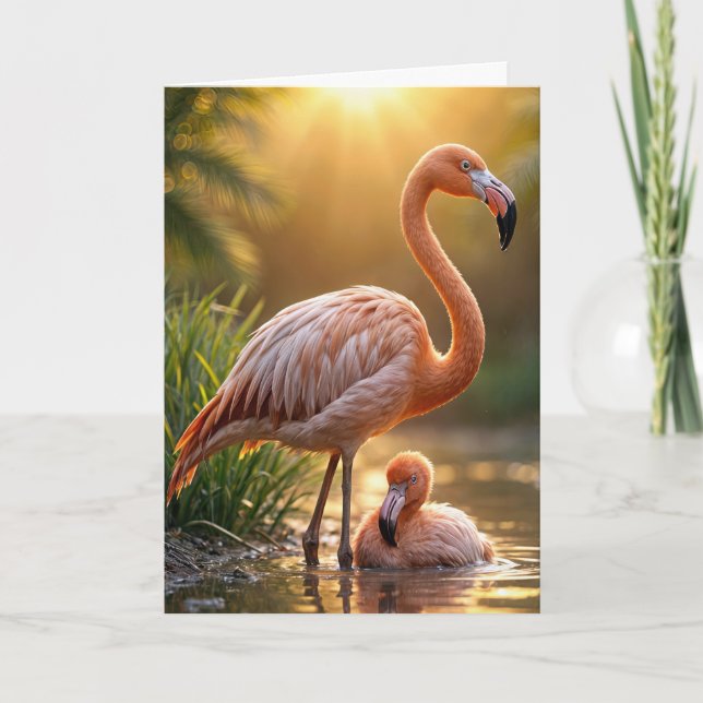 Birthday Flamingo Mother and Chick Card (Front)