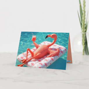 Birthday Flamingo Relaxing On a Pool Mattress Card