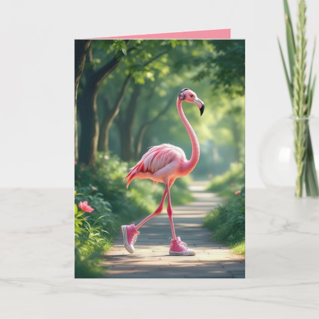 Birthday Flamingo Wearing Headphones and Sneakers Card (Front)