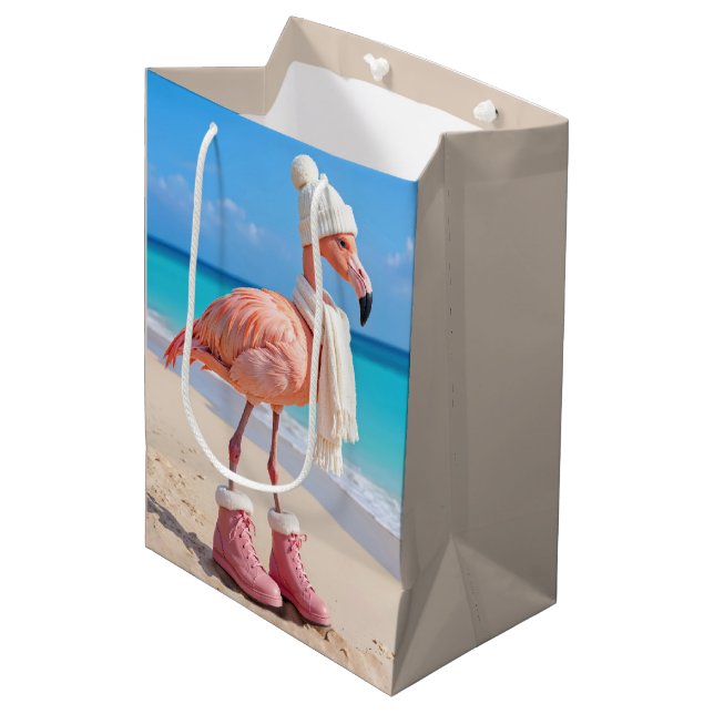 Birthday Flamingo Wearing Winter Scarf and Hat Medium Gift Bag (Front Angled)