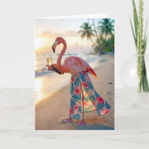 Birthday Flamingo With Champagne On a Beach Card