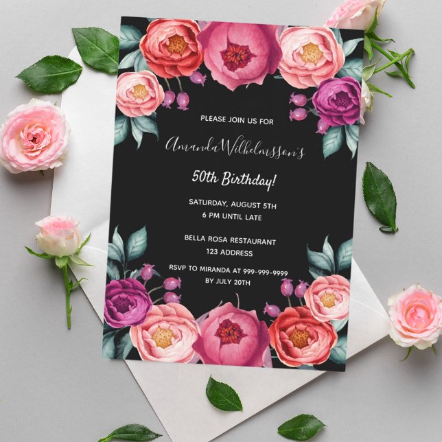 Birthday floral black rose gold blush pink purple  invitation (Creator Uploaded)