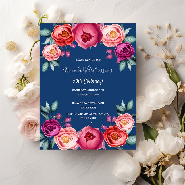 Birthday floral blue rose gold pink invitation postcard (Creator Uploaded)