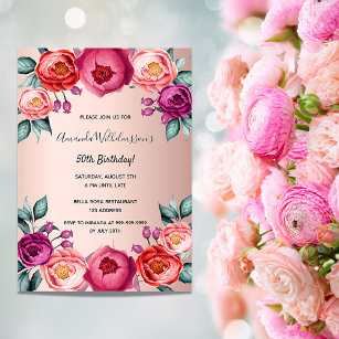 Birthday floral blush pink purple invitation postcard