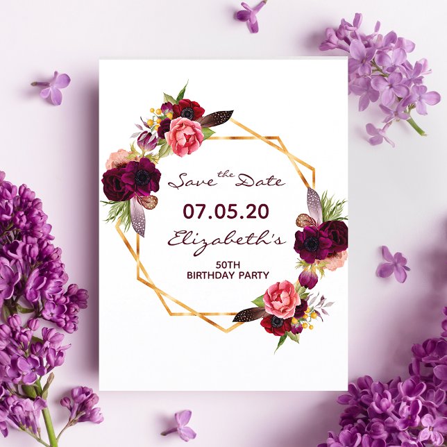 Birthday floral burgundy white Save the Date Postcard (Creator Uploaded)