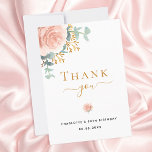 Birthday floral eucalyptus greenery rose gold pink thank you card<br><div class="desc">A modern and elegant 50th (or any age) birthday thank you card. A chic white background. Decorated with rose gold and blush pink roses, florals flowers and green watercolored eucalyptus leaves, sprigs, greenery and faux gold sprigs. Black and golden letters. On the front the text: Thank You, name, and a...</div>