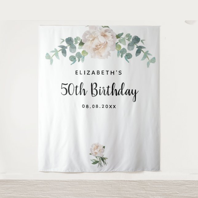 Birthday floral eucalyptus greenery white elegant tapestry (Front)