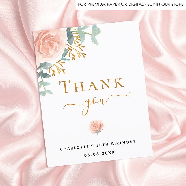 Birthday floral eucalyptus rose gold thank you postcard (Creator Uploaded)