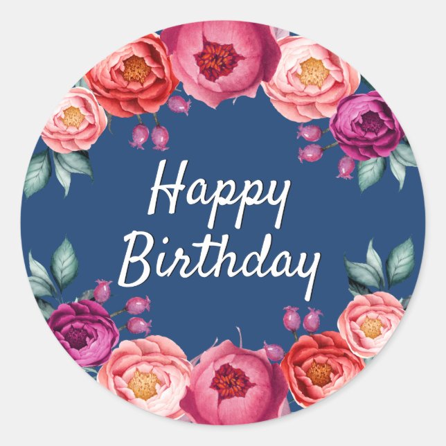 Birthday floral navy blue rose gold blush pink classic round sticker (Front)