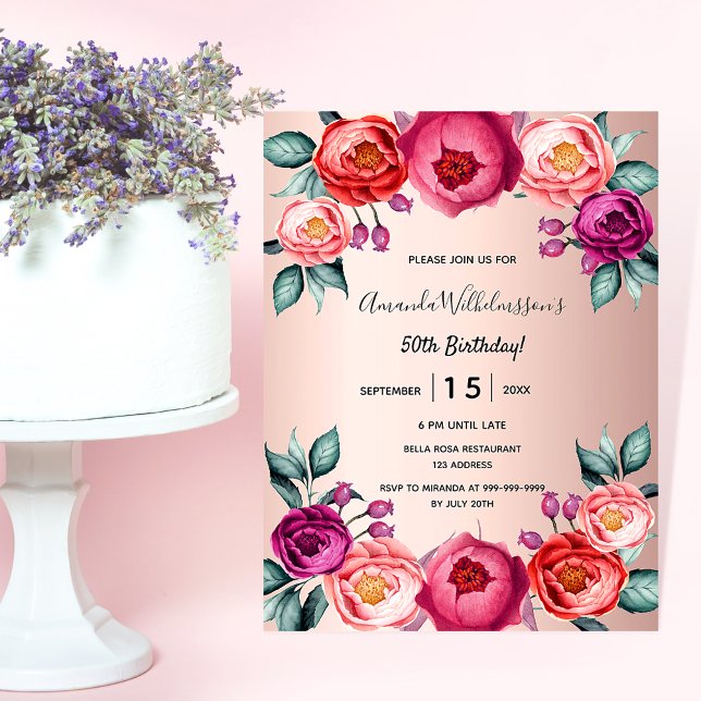 Birthday floral rose gold blush pink invitation postcard (Creator Uploaded)