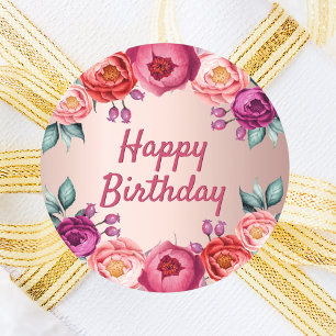 Birthday floral rose gold blush pink purple classic round sticker
