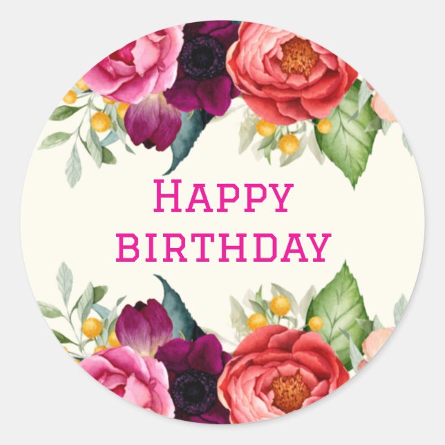 Birthday floral rose gold blush pink red classic round sticker (Front)