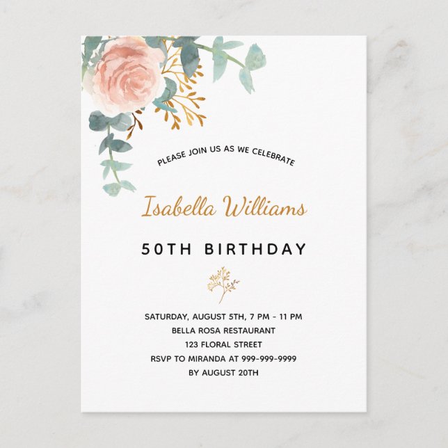 Birthday floral rose gold eucalyptus elegant postcard (Front)