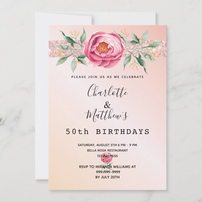 Birthday floral rose gold glitter two persons invitation (Front)