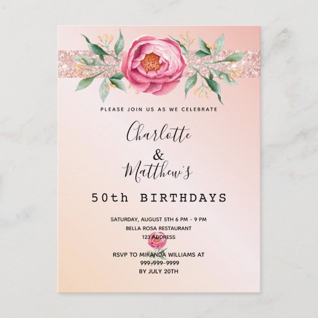 Birthday floral rose gold glitter two persons postcard (Front)
