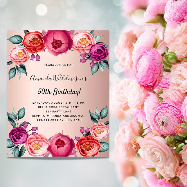 Birthday floral rose gold pink budget invitation (Creator Uploaded)