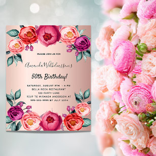 Birthday floral rose gold pink budget invitation flyer
