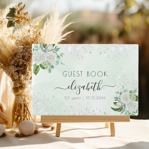 Birthday floral silver glitter greenery name guest book