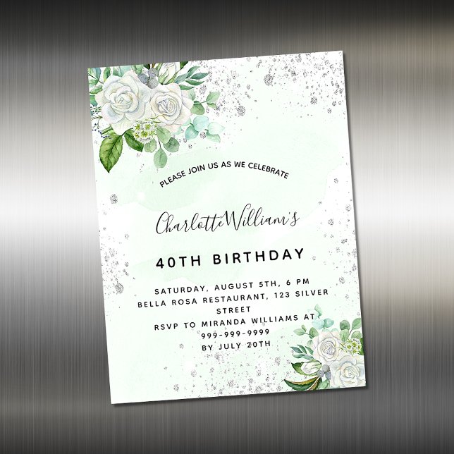 Birthday floral silver greenery invitation magnet (Creator Uploaded)