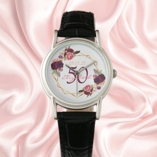 Birthday florals white geometric burgundy name watch (Creator Uploaded)