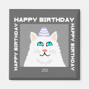 Birthday Fluffy White Cat 2 Inch Square Magnet