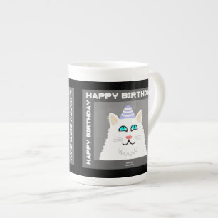 Birthday Fluffy White Cat Bone China Mug