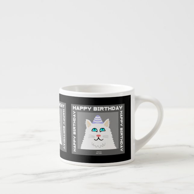 Birthday Fluffy White Cat Espresso Mug (Right)