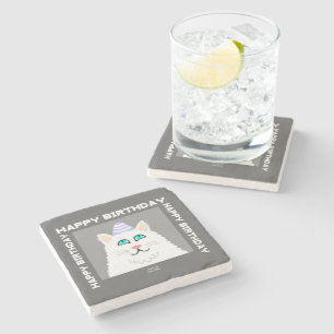 Birthday Fluffy White Cat Marble Coaster