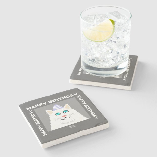 Birthday Fluffy White Cat Marble Coaster (Side)