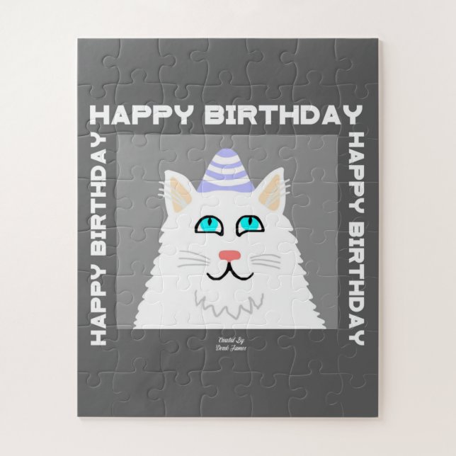 Birthday Fluffy White Cat Puzzle (Vertical)