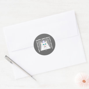 Birthday Fluffy White Cat Round Sticker